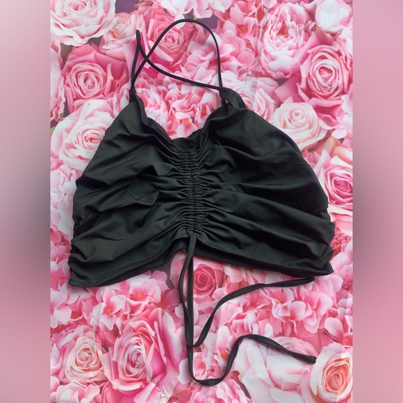 SHIEN🖤black cropped ruched tie halter criss cross v neck spaghetti strap top - Picture 5 of 11